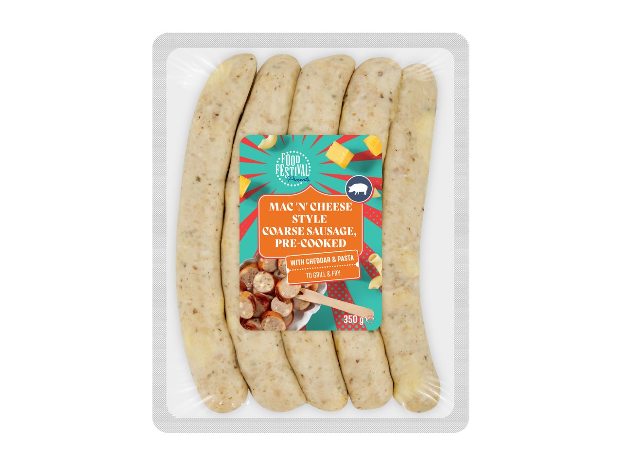 Pack of pre-cooked mac 'n' cheese style coarse sausages with cheddar and pasta, 350g.