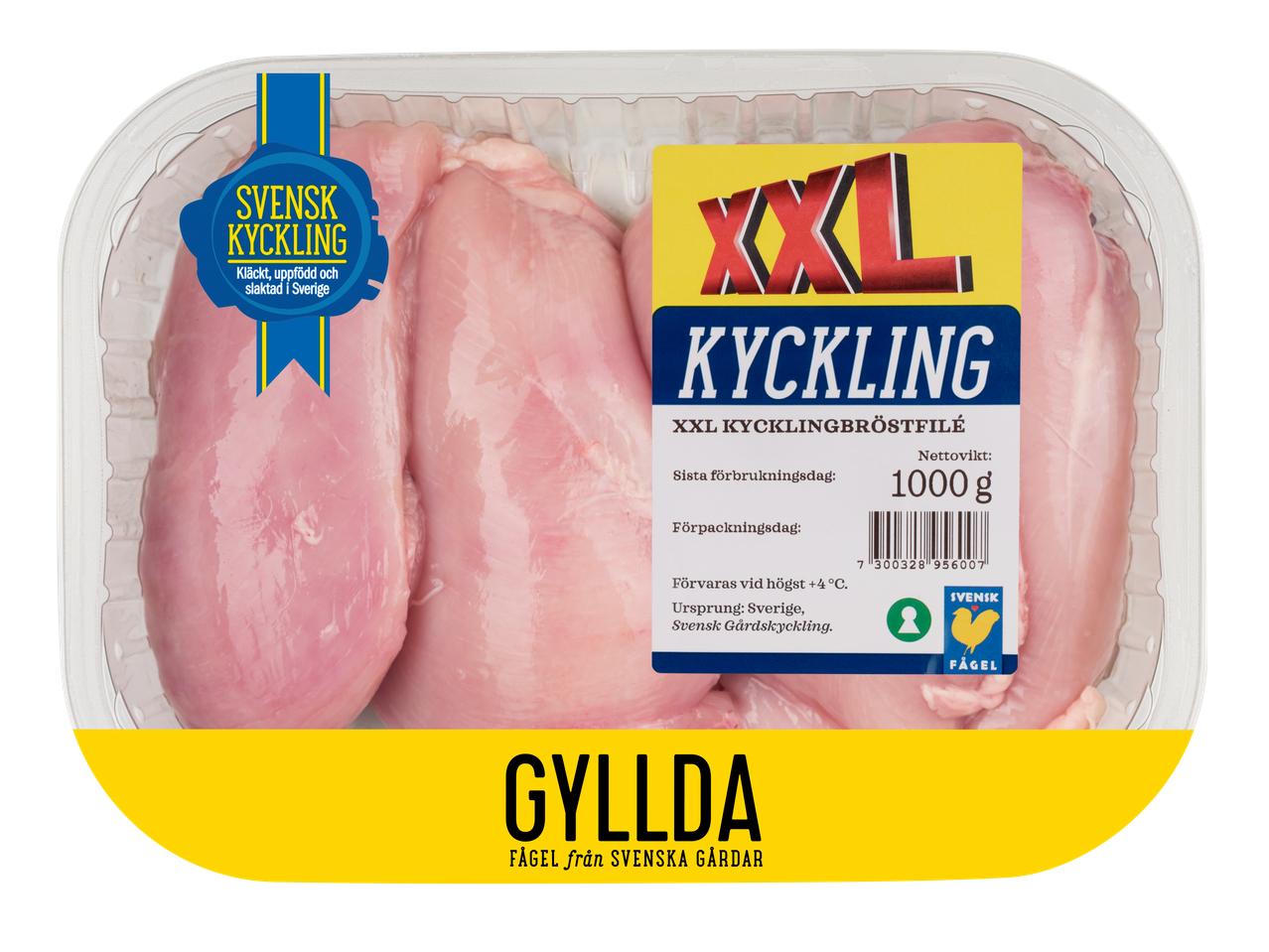 Förpackning Gyllda XXL kycklingbröstfiléer (1000g) från svenska gårdar.