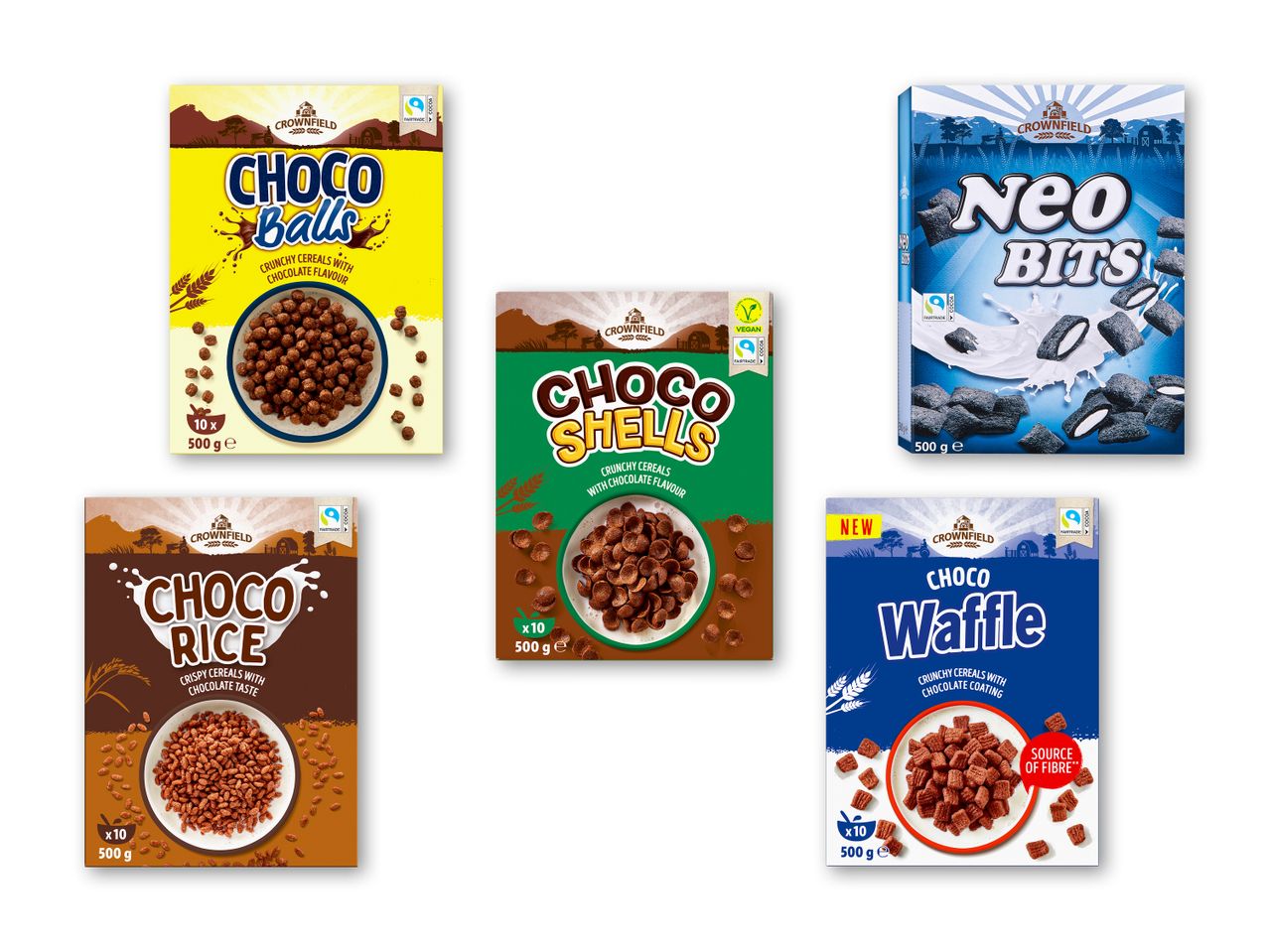 Fem pakker chokolademorgenmadsprodukter, herunder chokoladekugler, skaller, ris, vafler og neo-bid.