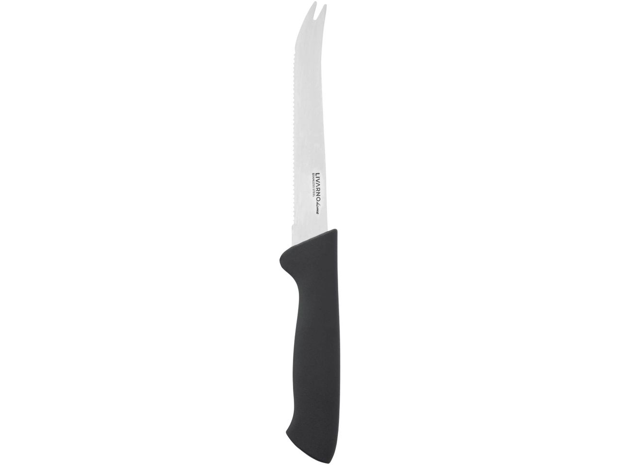 A Livarno Home stainless steel cheese knife with a black handle.