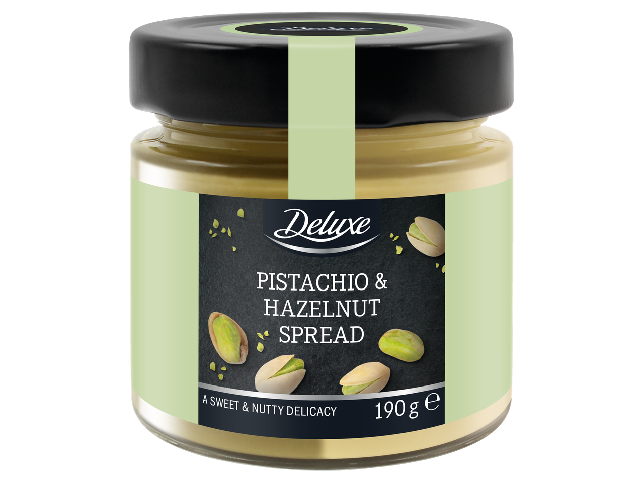 Deluxe pistāciju un lazdu riekstu pasta burkā.