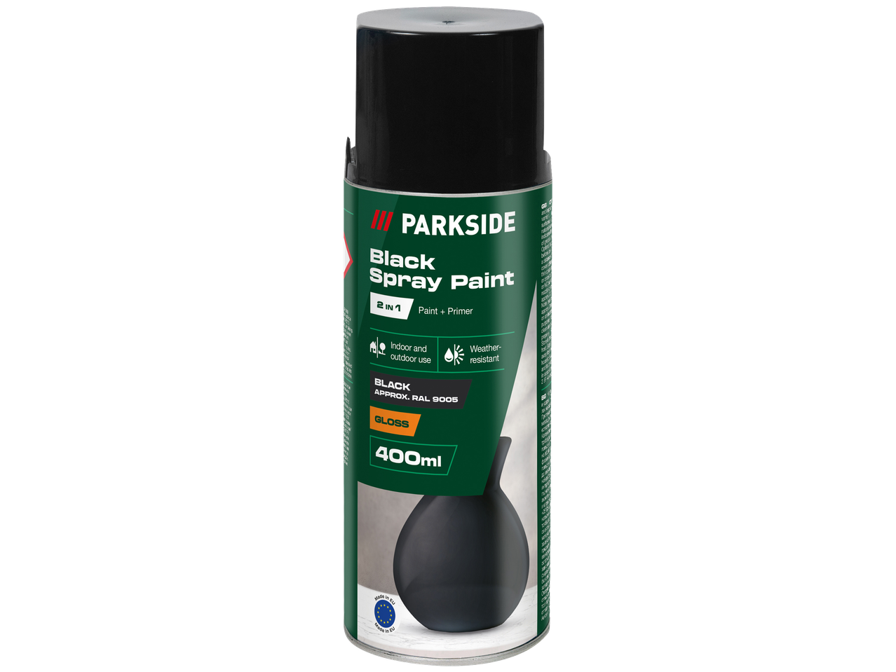 Parkside 400ml crna sjajna sprej boja, 2 u 1, otporna na vremenske uvjete.
