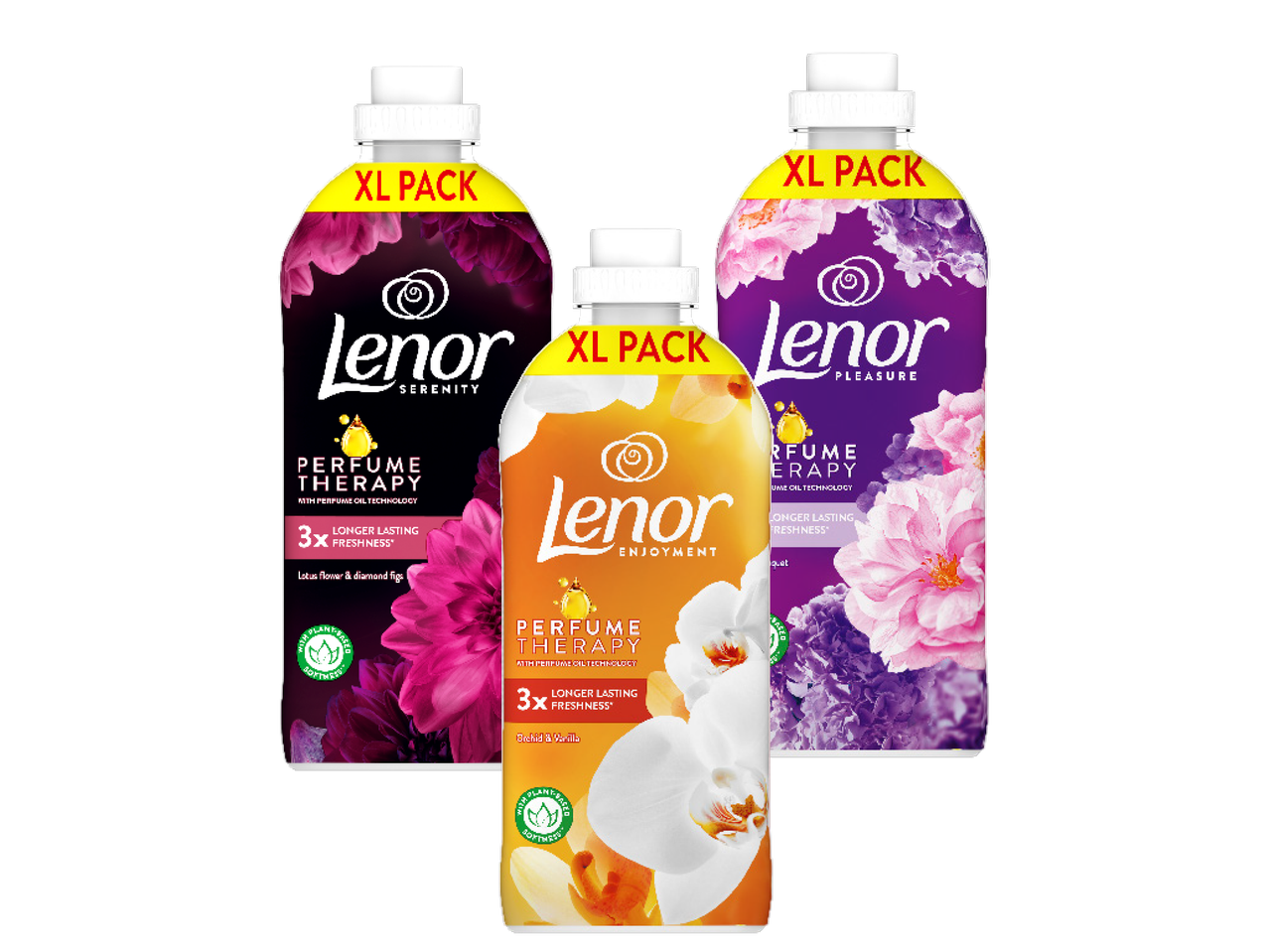 Trīs Lenor veļas mīkstinātāju pudeles: Serenity (lotoss un dimanta vīģes), Enjoyment (orhideja un vaniļa), Pleasure (ziedu buķete).