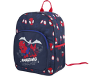 Navy blue Spider-Man backpack with dinosaur characters and 'AMAZING TEAM-UP' text.