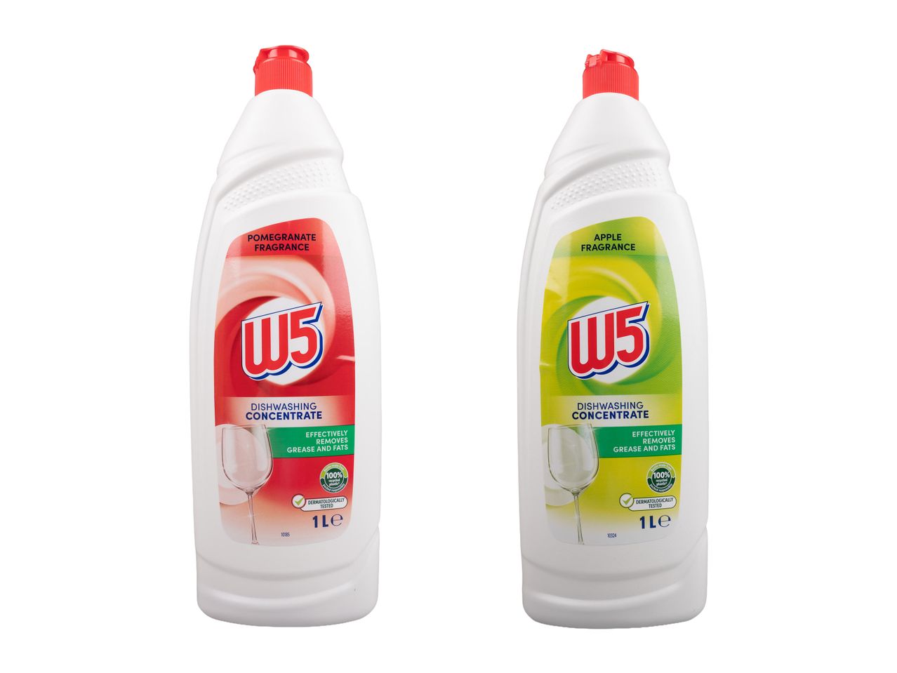 Două sticle de detergent de vase W5, cu arome de rodie și măr.