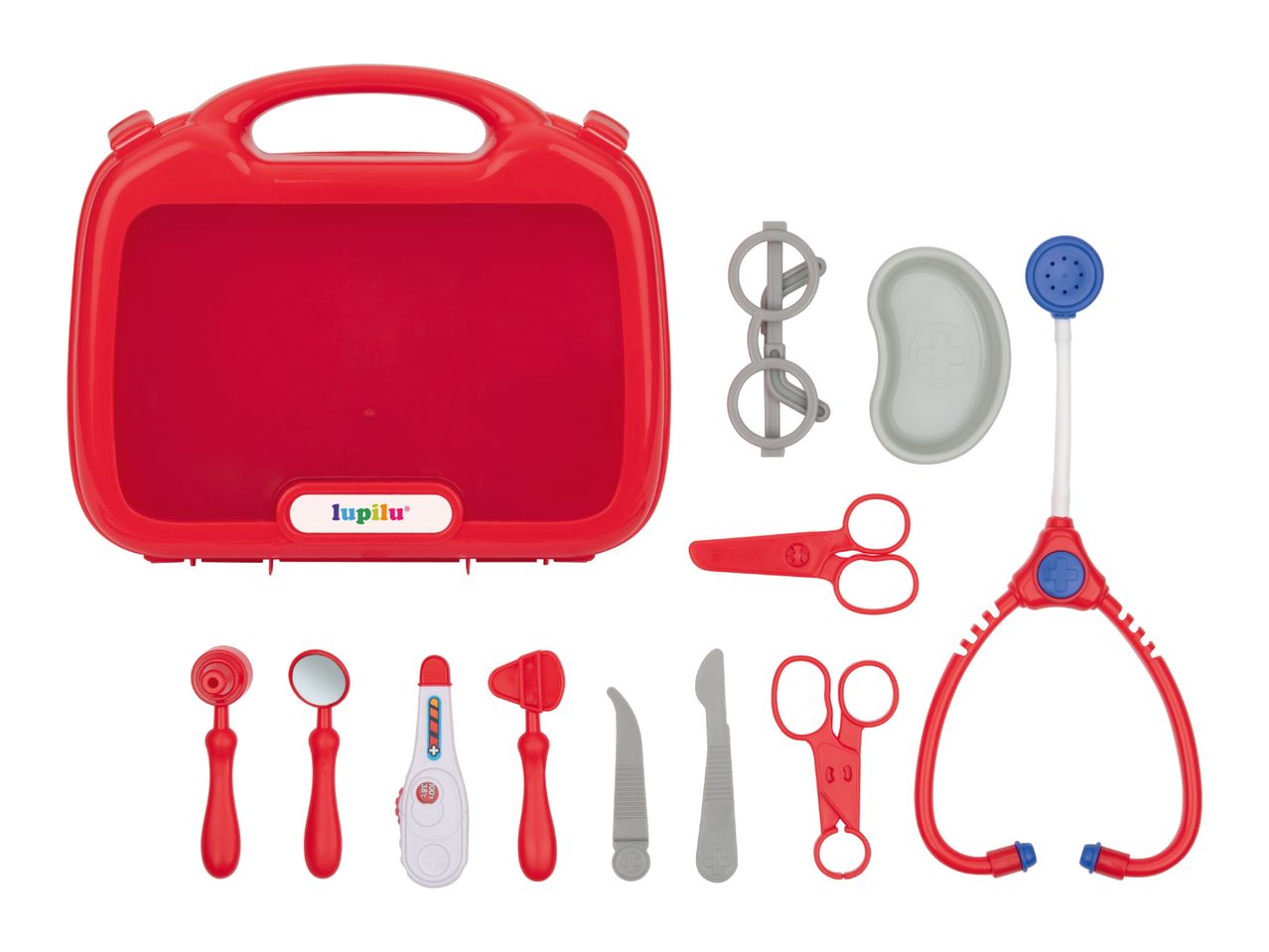 Red toy doctor's kit with stethoscope, scissors, thermometer, and other medical tools.