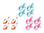 Sæt med 12 tøjklemmer i blå, orange og pink farver.