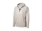 Light beige fleece hoodie with a black drawstring and a subtle logo on the chest.