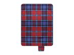 Red and blue plaid picnic blanket with a small pocket and strap.