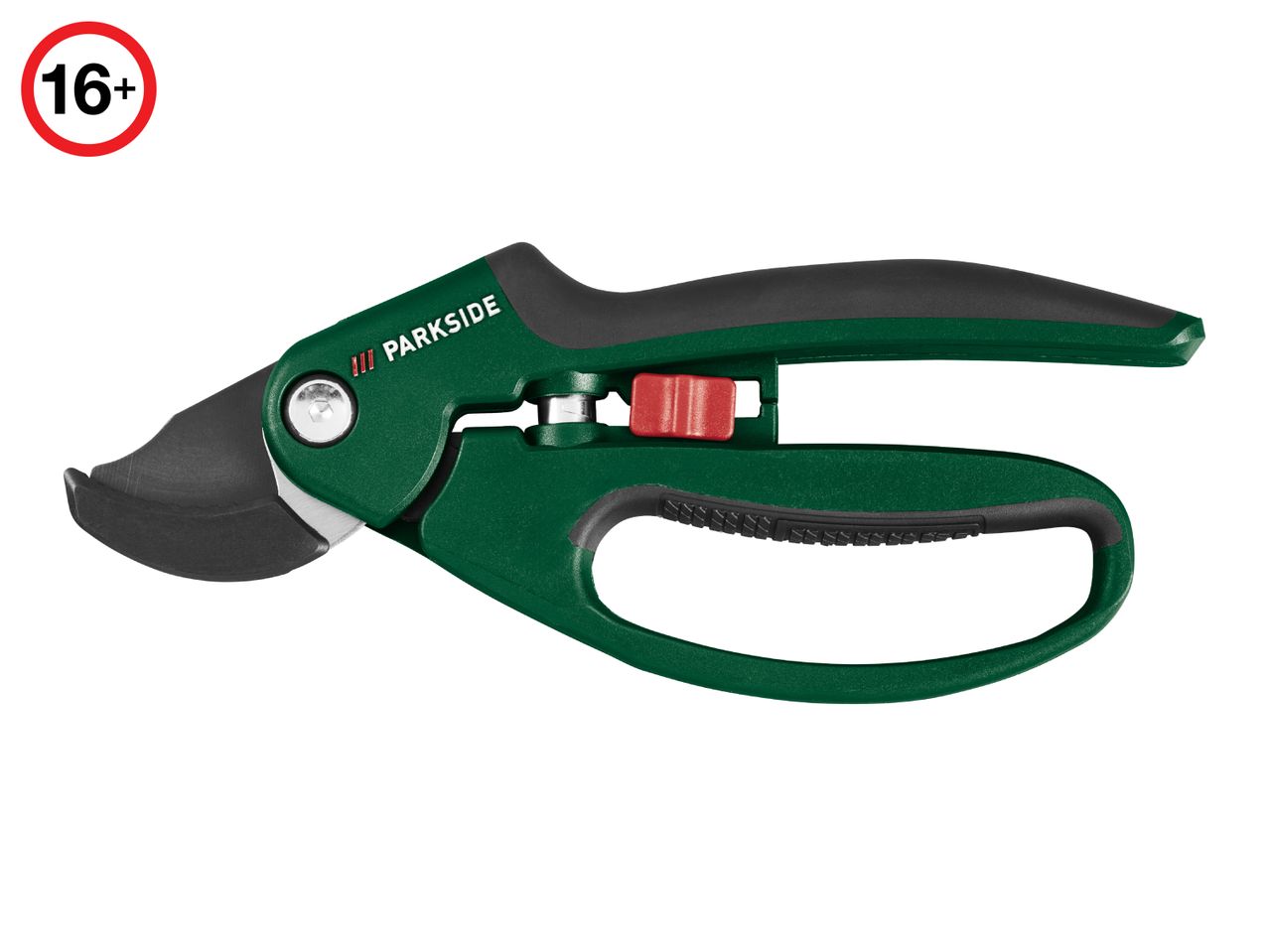 Green and black garden pruning shears with a red safety lock, age restriction 16+.