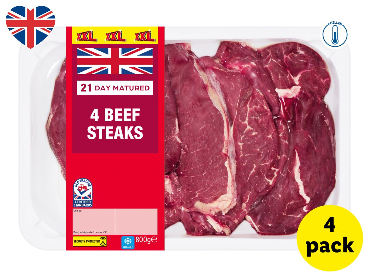 Pack of 4 chilled beef steaks, 21-day matured, 800g, with a Union Jack flag and 'XXL' labels.
