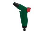 Pistolet d'arrosage vert et rouge avec buse noire et raccord de tuyau.