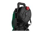 Green and black pressure washer with a hose reel and power cord.