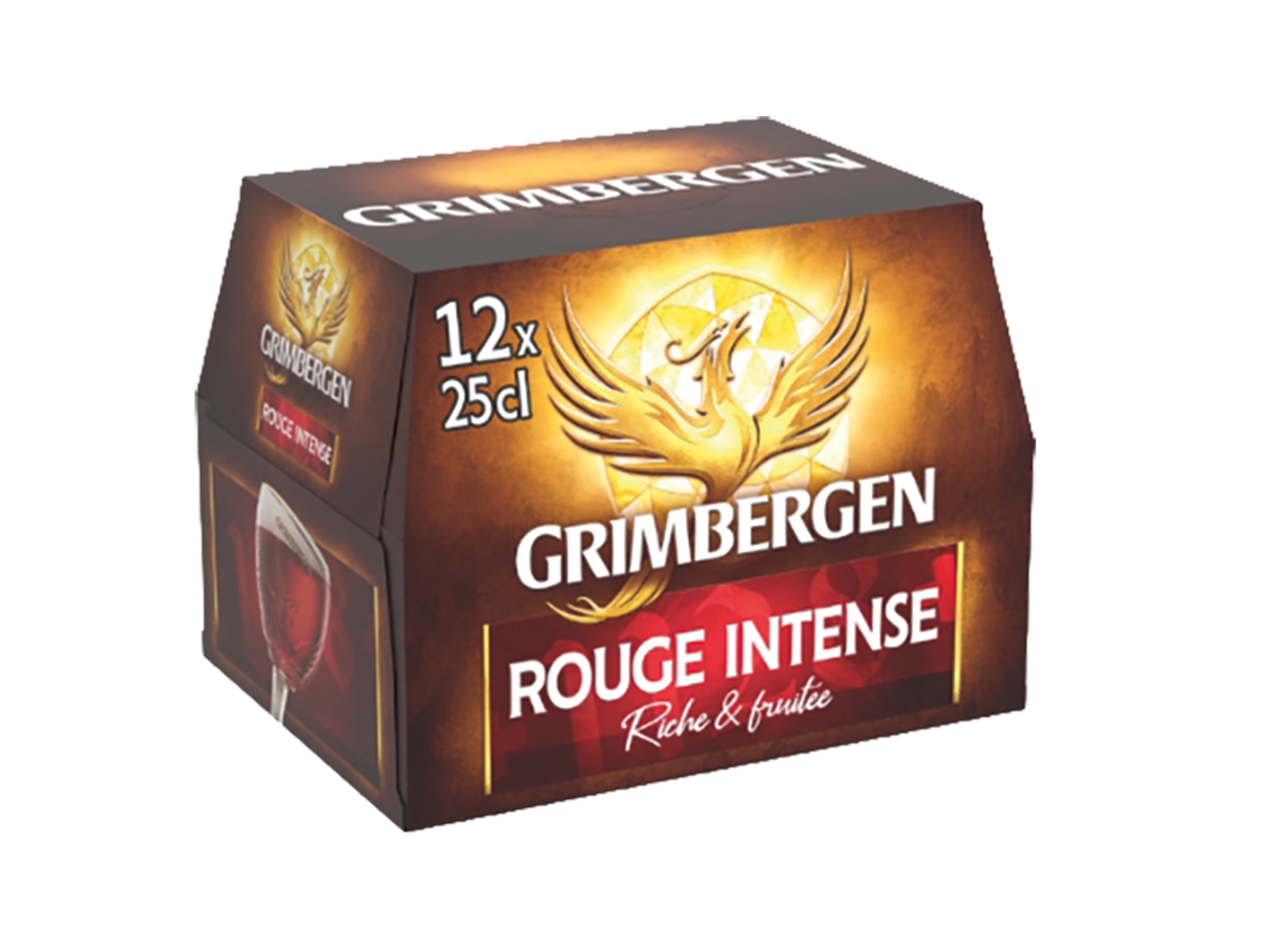 Caisse de 12 bières rouges intenses de 25cl, riche et fruitée, avec un phénix doré.