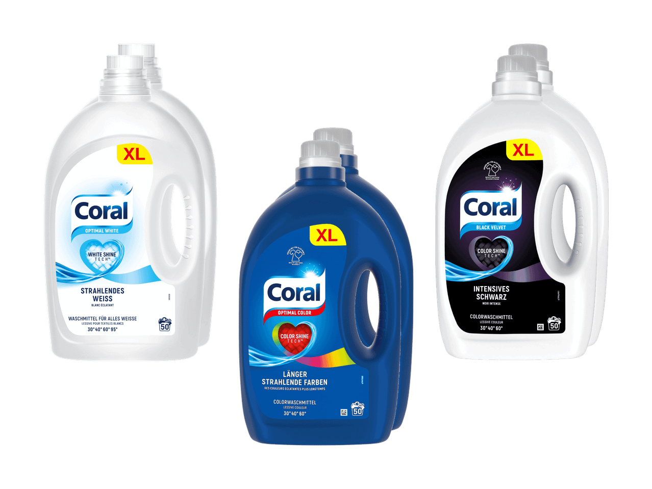 Trois bouteilles XL de lessive Coral : Optimal White, Optimal Color et Black Velvet.