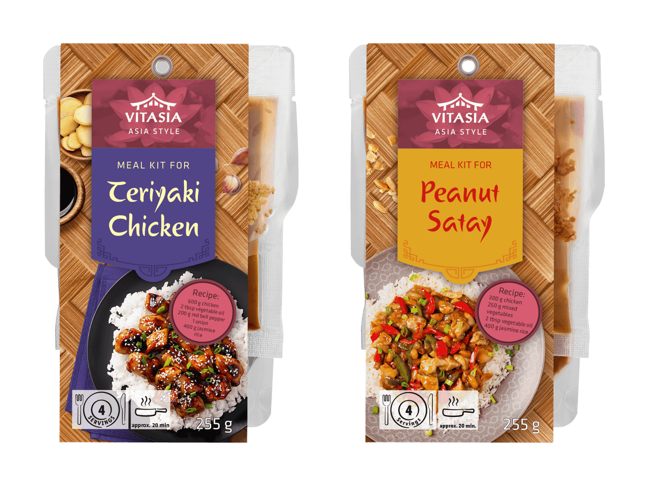 Zwei asiatische Kochsets: Teriyaki-Hähnchen und Erdnuss-Satay, jeweils mit Rezept und Zutaten.