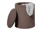 Brown corduroy storage ottoman with a light grey knitted blanket inside