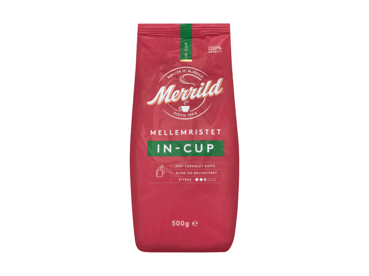 Merrild In-Cup malta kava, 500g pakuotė, su užrašu „100% Arabica“.