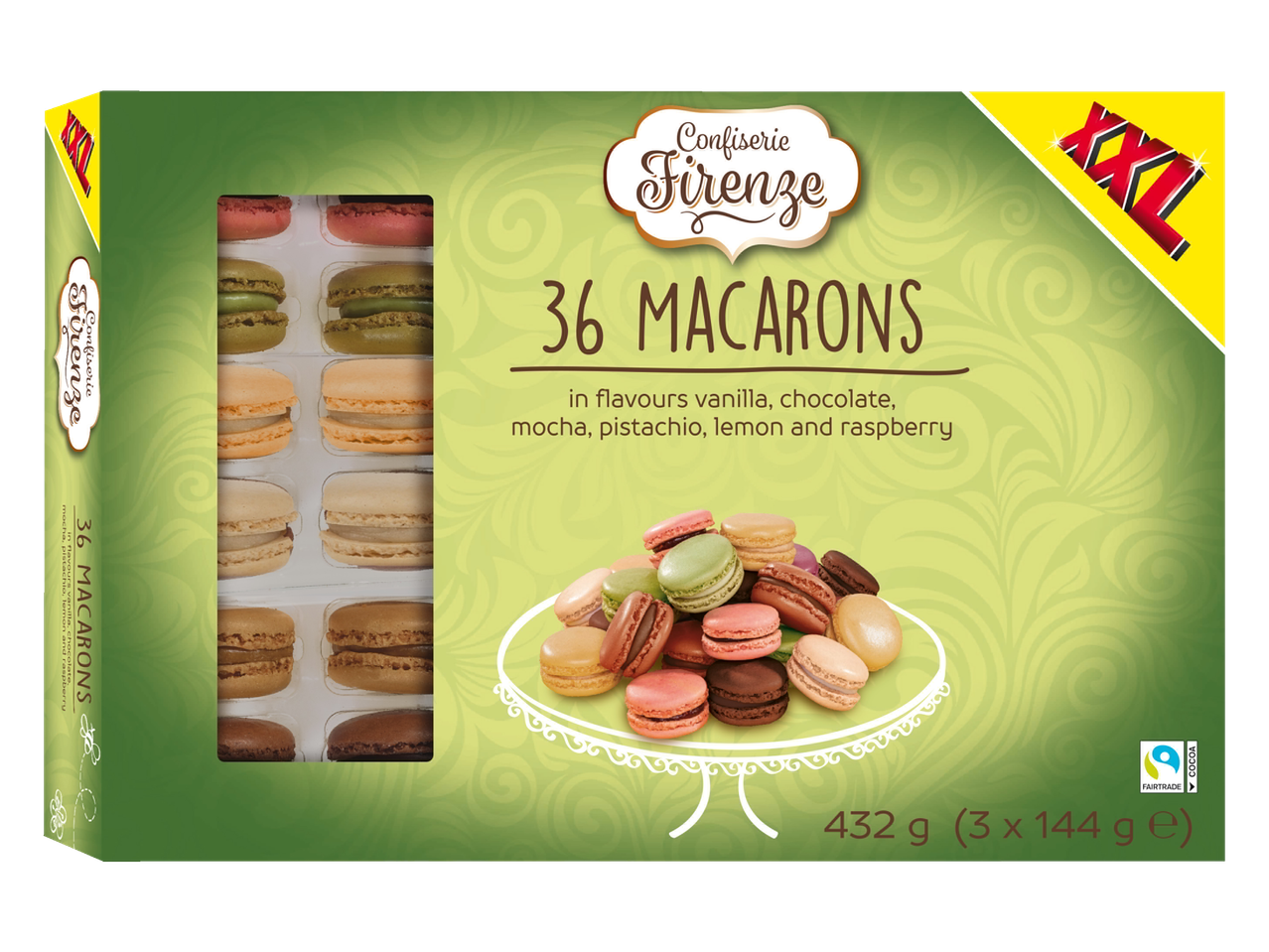 Confiserie Firenze XXL doos met 36 gemengde macarons in de smaken vanille, chocolade, mokka, pistache, citroen en framboos.