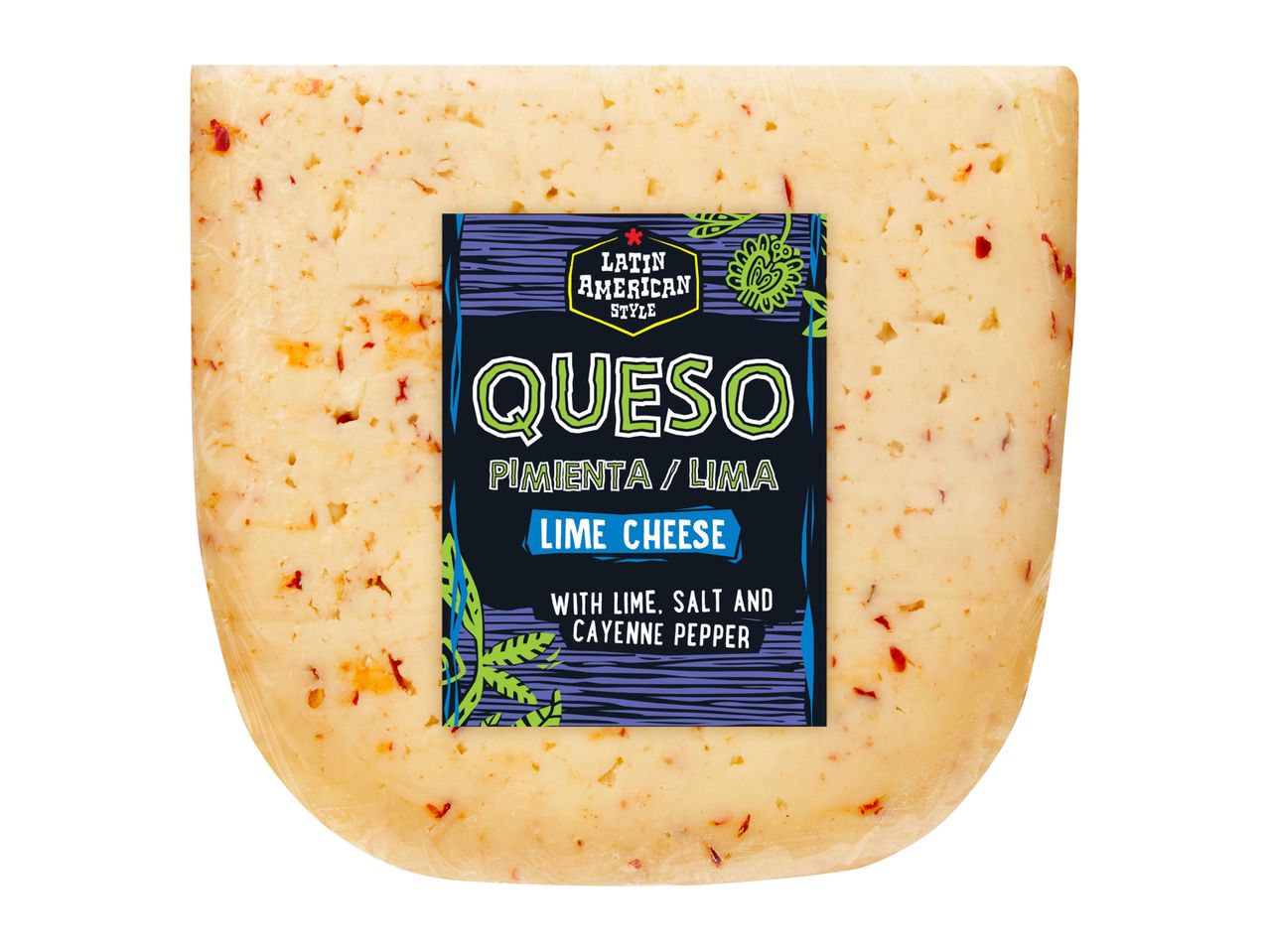 A wedge of Queso Pimentón/Jalapeño semi-hard cheese from the brand,  Indiana Farmstead.