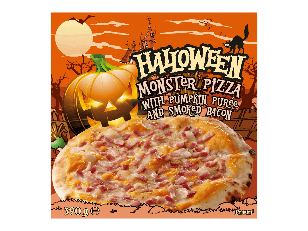Halloween-teemainen pakastepizza kurpitsasoseella ja savupekonilla.