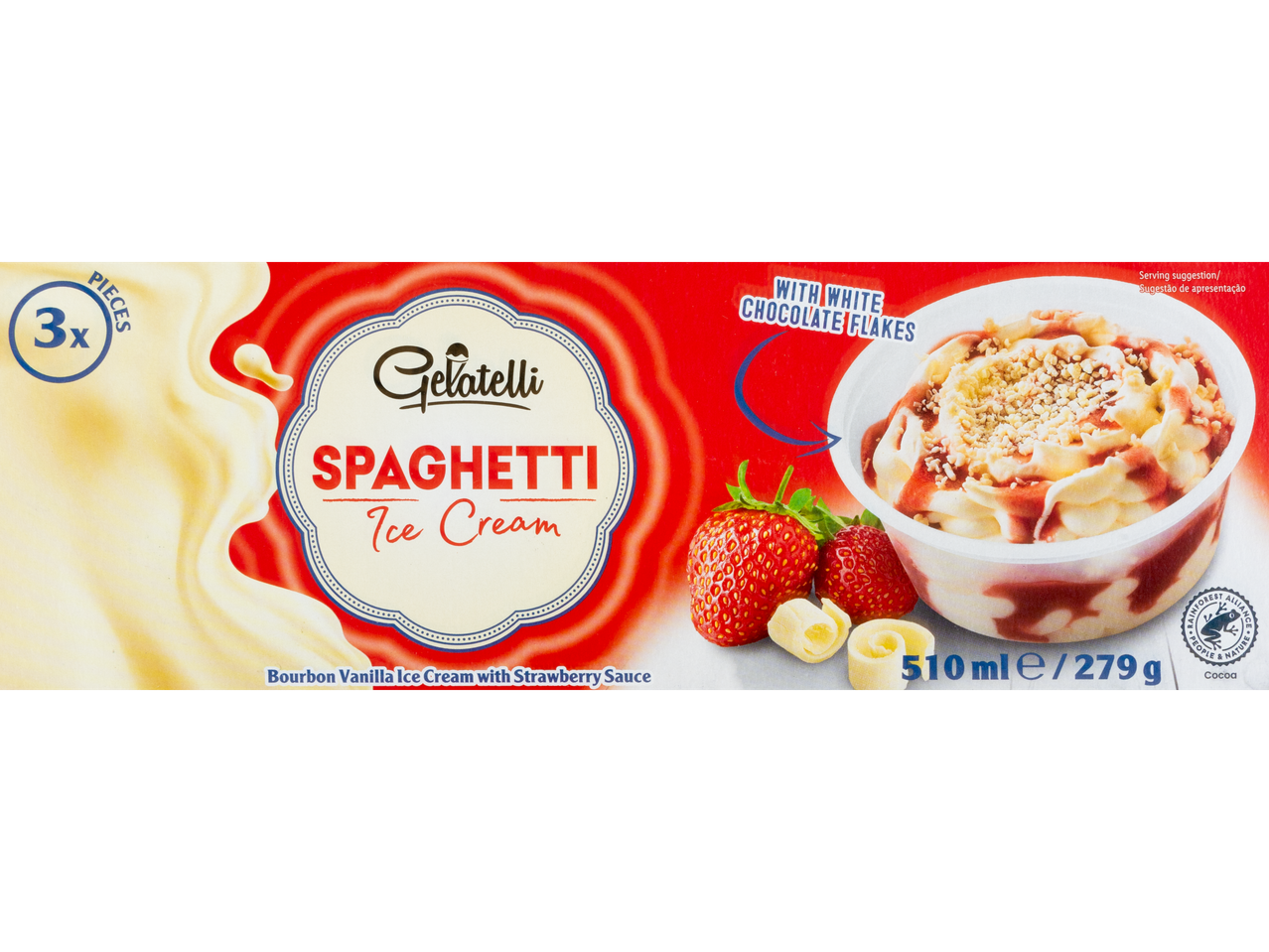 Gelatelli Spaghetti Ice Cream: Bourbon vanilla, strawberry sauce, white chocolate flakes.