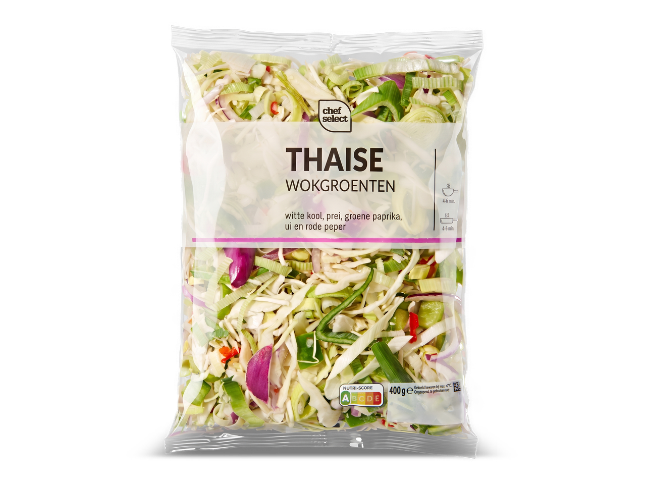 Zak Thaise wokgroenten met witte kool, prei, paprika, ui en rode peper, 400g.
