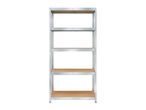 Five-tier metal shelving unit with wooden shelves on a white background