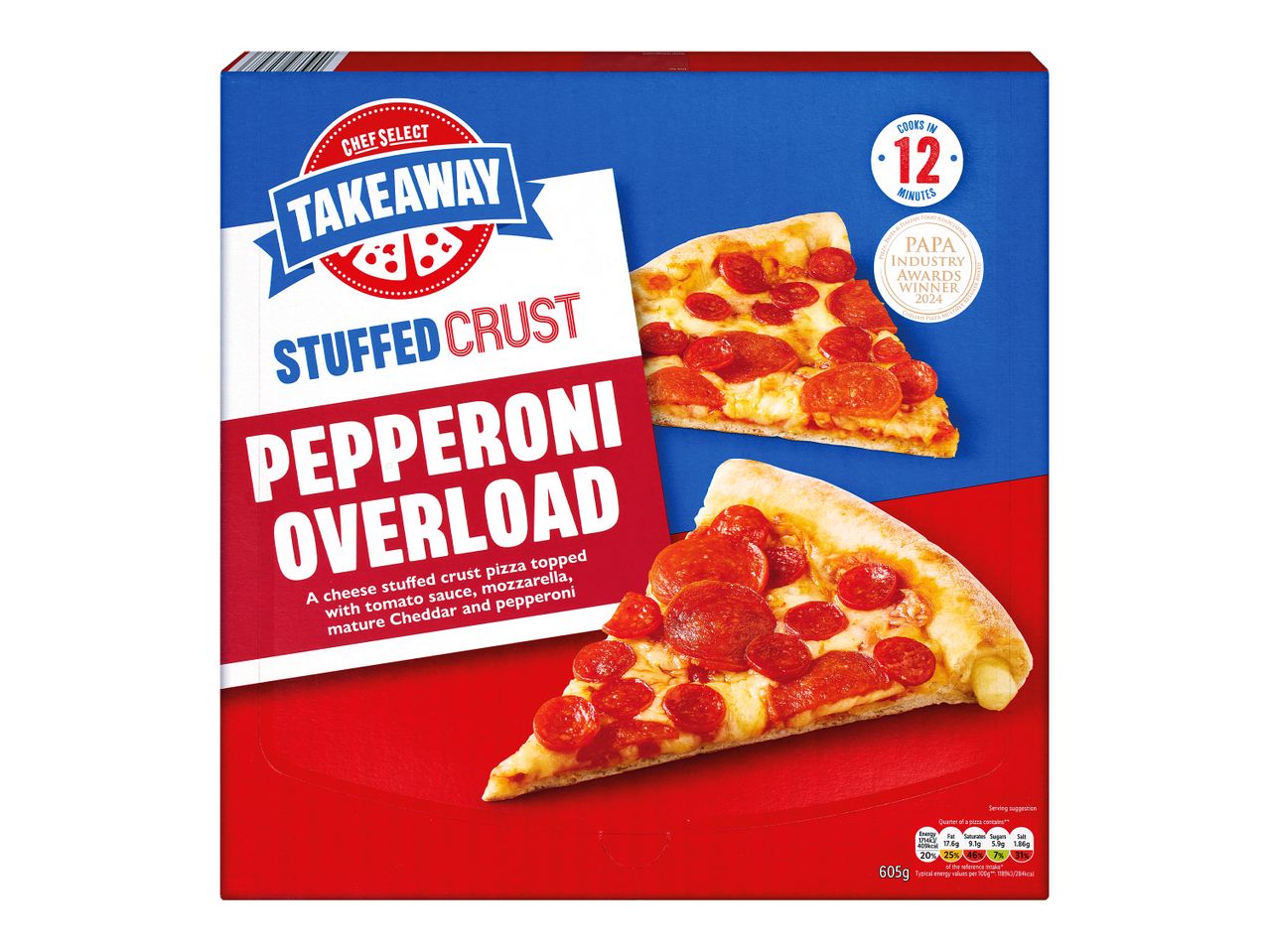 Chef Select Takeaway Pepperoni Overload Stuffed Crust Pizza: A 605g frozen pizza, ready in 12 minutes.