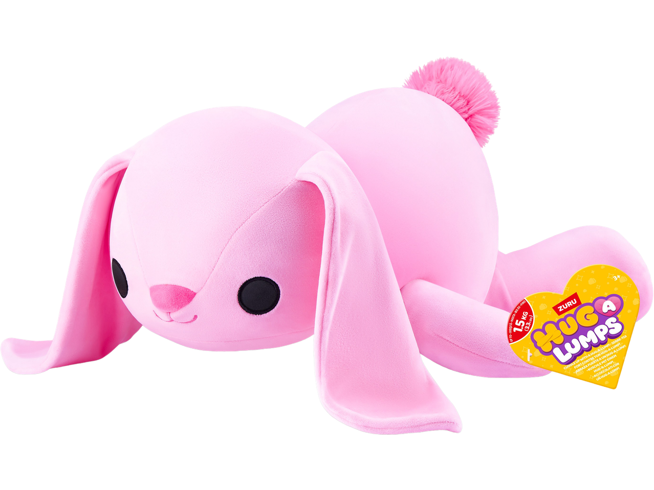 Pink Hug-A-Lumps weighted soft toy bunny, 1.5kg, with a heart-shaped tag.