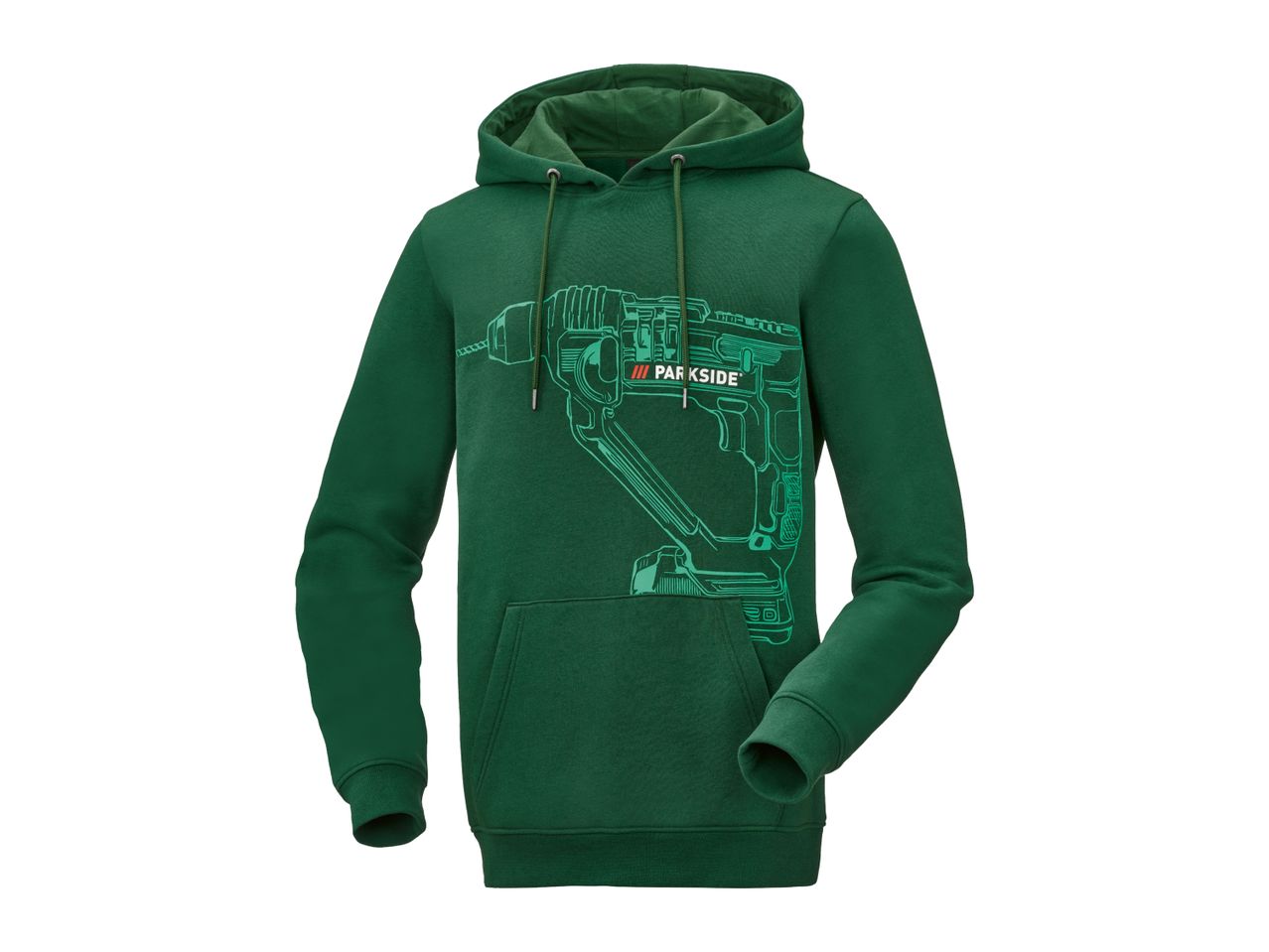 Green Parkside hoodie with a drill graphic on the front