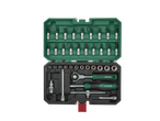Socket wrench set with ratchet and screwdriver bits in an open case.