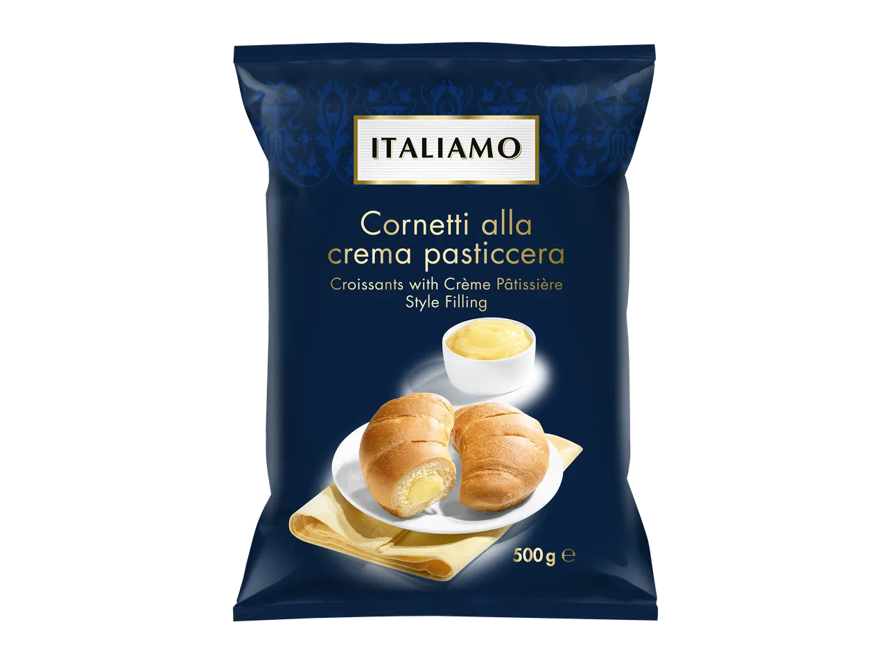 Sachet de croissants à la crème pâtissière, avec un croissant coupé montrant la garniture.