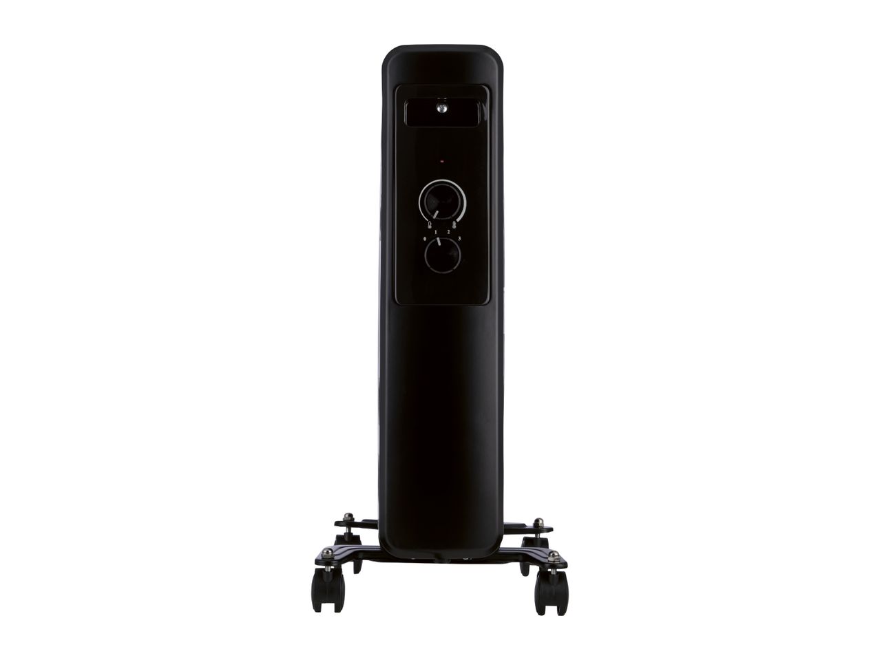 Black oil-filled radiator with adjustable dials and wheels
