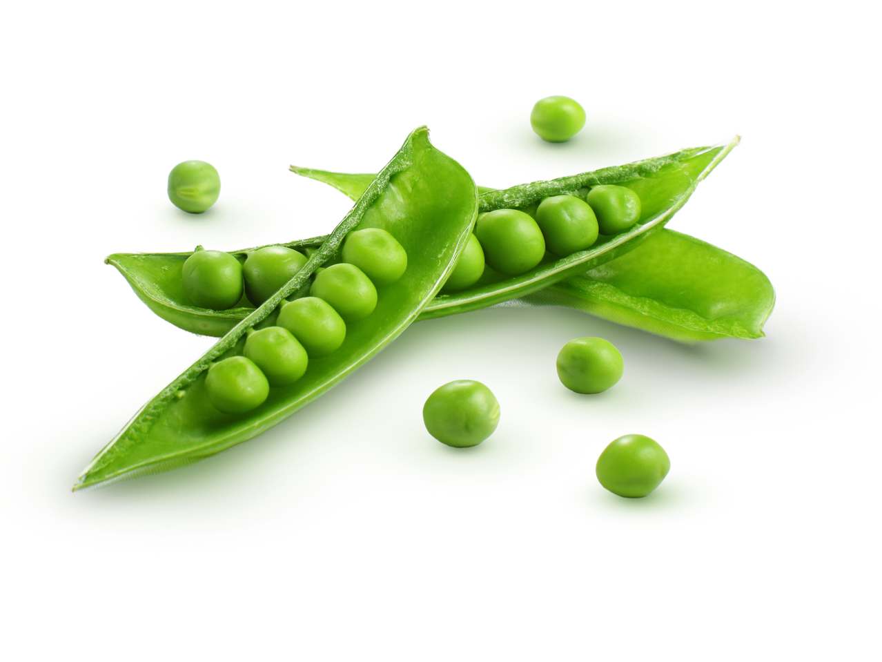 Fresh green peas in their pods, scattered on a white background.