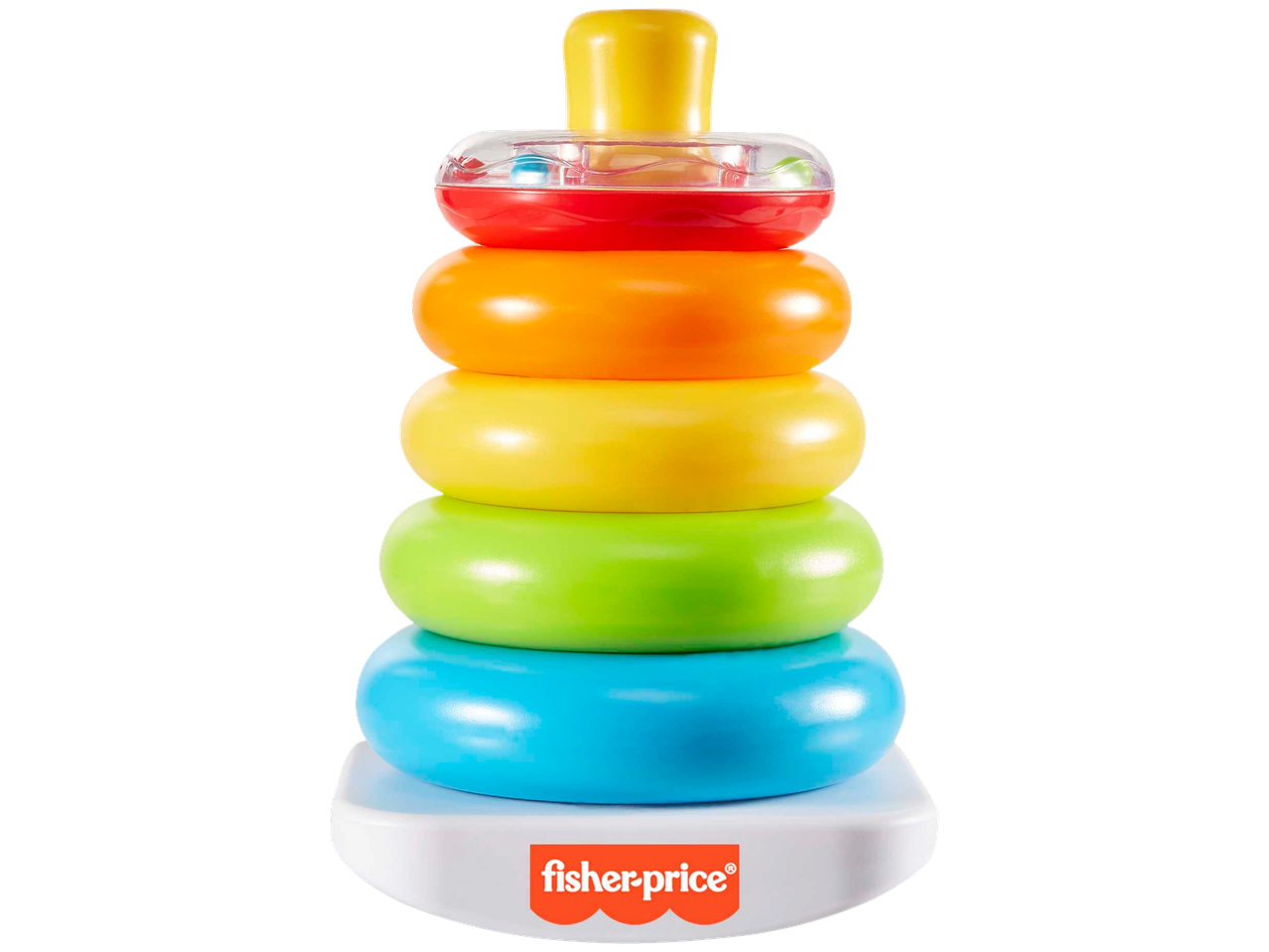 Fisher-Price Baby's First Blocks stacking toy with colorful rings and a clear top ring with beads.