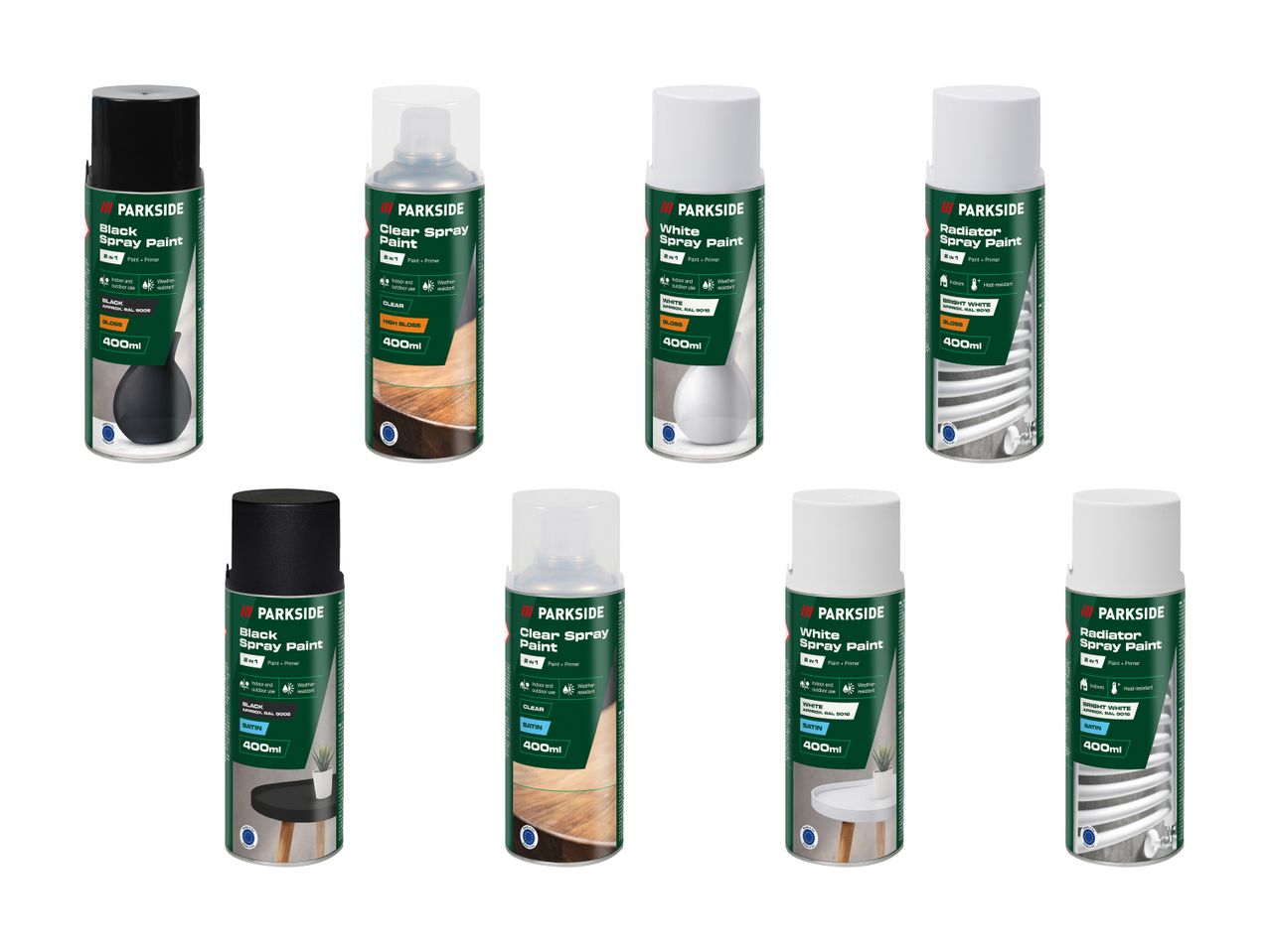 Parkside spraymaling i sort, klar, hvid og radiatorhvid i både blank og satin finish.