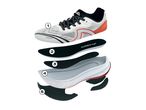 Exploded view of a running shoe, showing its five layers: upper, insole, strobel, midsole, and outsole.
