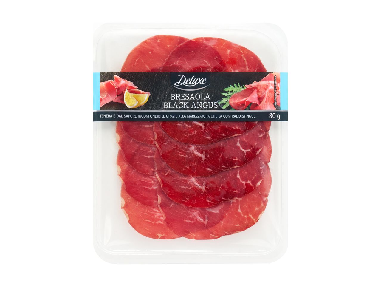 Deluxe Bresaola Black Angus, 80g package of thinly sliced cured beef.