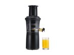 Black slow juicer with a glass of orange juice on a white background