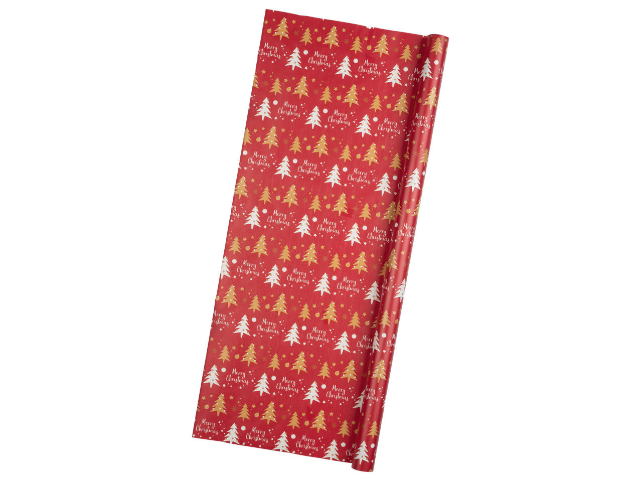 Crelando® jõulukingituste pakkepaber punase tausta, kuldsete ja valgete puudega.