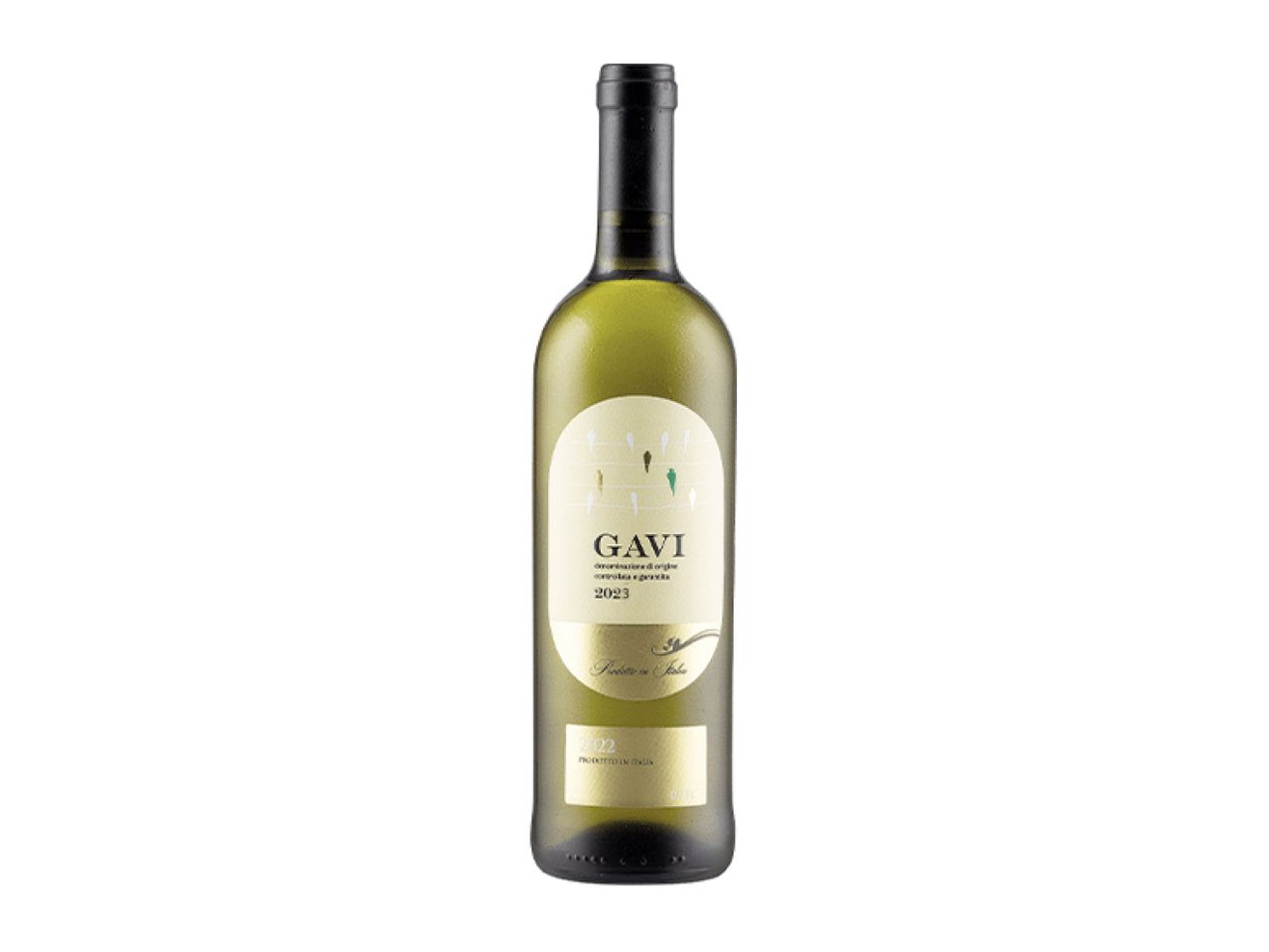 A bottle of Gavi white wine with a light-colored label and black cap.
