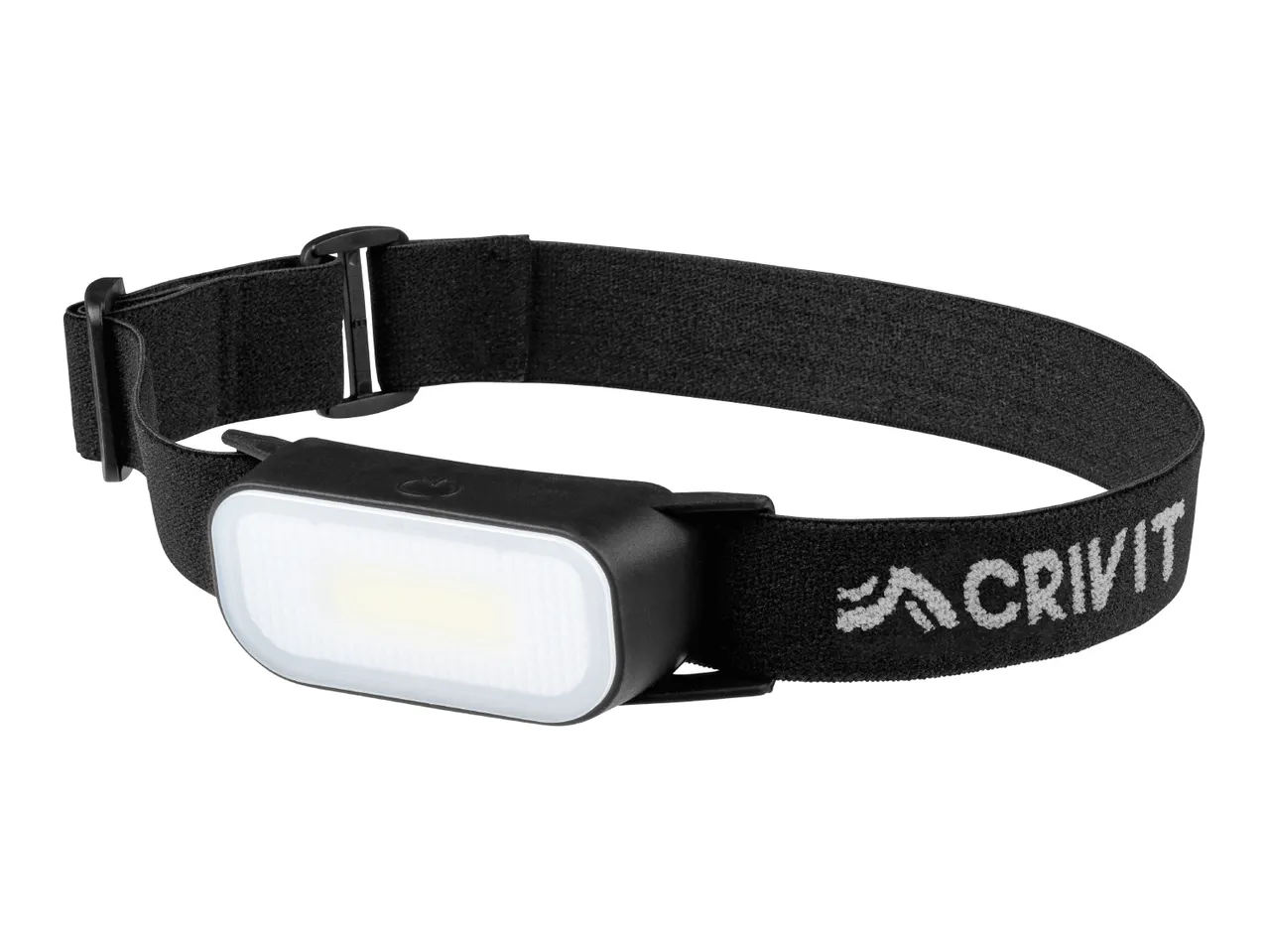 Black headlamp with an adjustable elastic strap and a wide LED light panel.