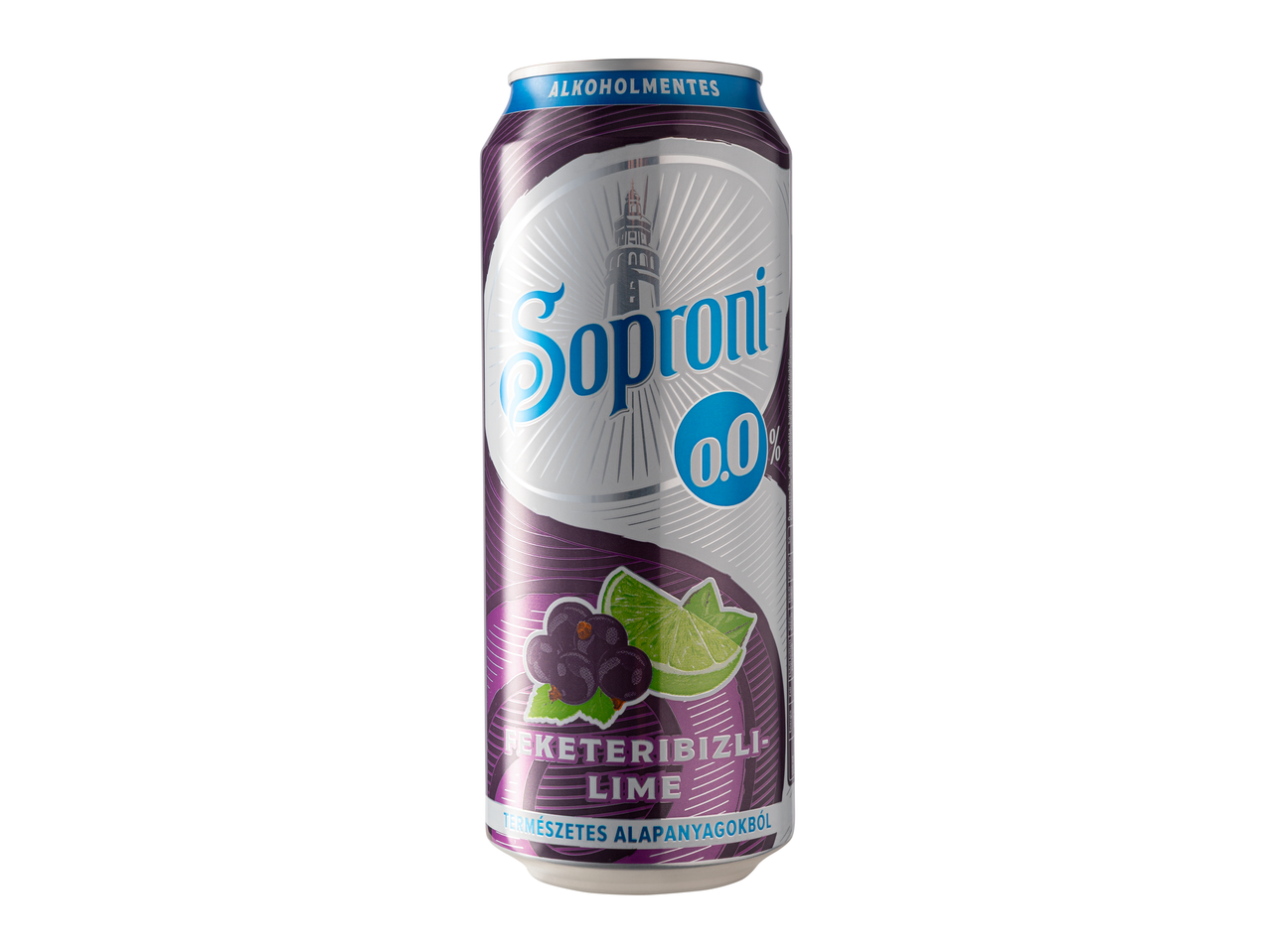 Soproni 0.0% Feketeribizli-Lime alkoholmentes sör doboz gyümölcs illusztrációval.