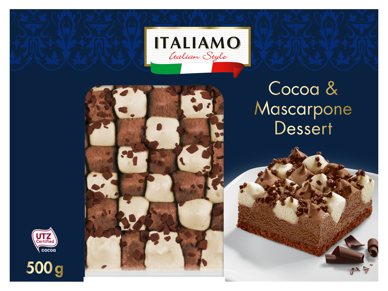 Kakaós és mascarponés desszert 500 g-os kiszerelésben.