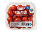 Een plastic bakje met snoeptomaten, met de tekst 'Snoeptomaten van Hollandse bodem' en 'Om te snacken'.
