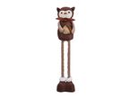 Brown owl plush toy with long striped legs, an orange scarf, and holding an acorn.