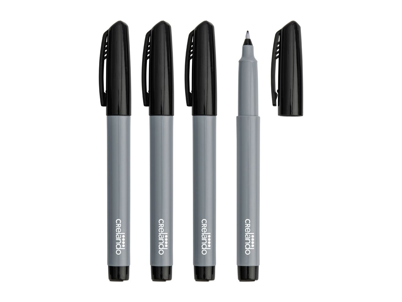 Four grey markers with black caps, one with the cap removed showing the nib.