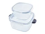 Two square glass food storage containers with clear lids and dark grey clips, stacked.
