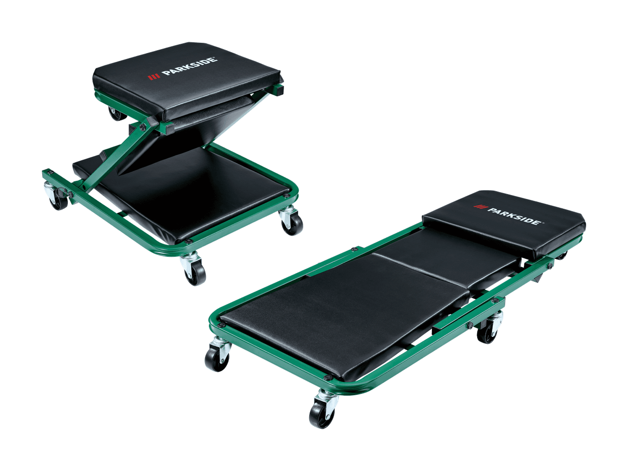 Carrello da officina pieghevole 2 in 1, verde e nero, in posizione seduta e sdraiata.